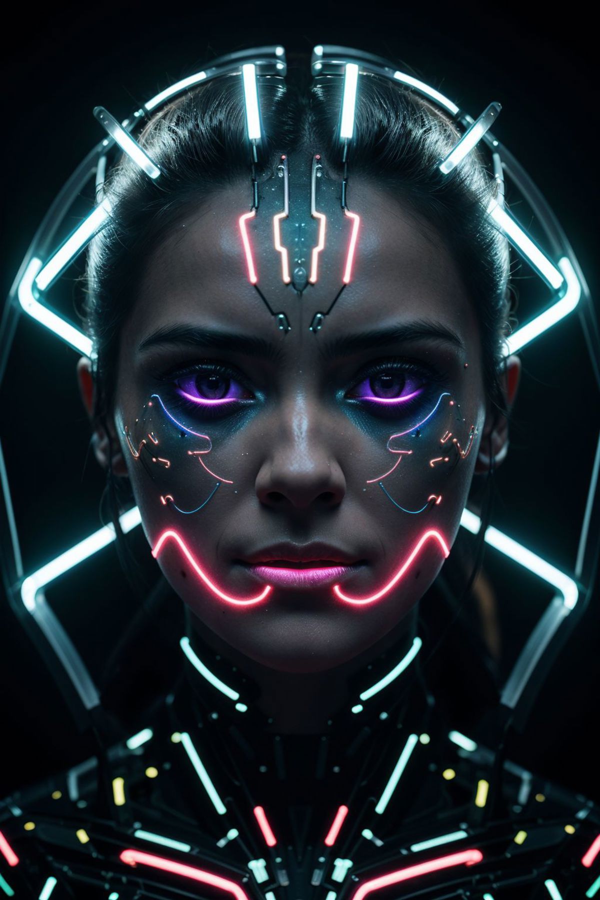 Woman's face with futuristic purple and red designs and lights.