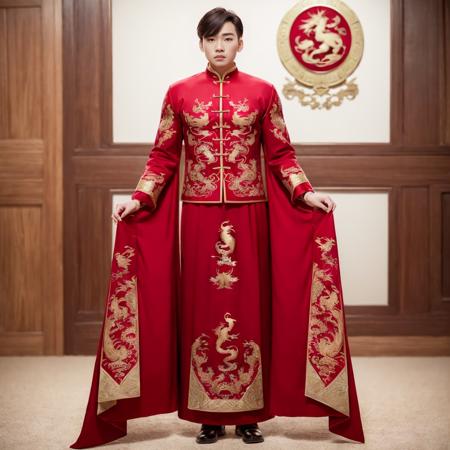 (8k, RAW photo, best quality, masterpiece:1.2), (realistic, photo-realistic:1.4), ultra-detailed, (young male internet celebrity),masculine style,perfect detail ,  make up,(full body:1.5),chinese style architecture,a man, a chinese dress with a dragon on it,<lora:nzshs-10:0.7>