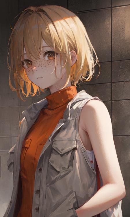 masterpiece, high-detailed:1.2, heathersh3, heather mason, silent hill 3, young adult, 1girl, short blond hair, (white vest with pockets and orange sweater under it), freckles:0.3, character, brown eyes, bare shoulders, bare arms, old tiles with blood background, grunge, <lora:HeatherMasonSH3:0.90>