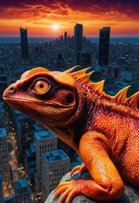 masterpiece, best quality, very aesthetic, absurdres,(score_9, score_8_up, score_7_up), createconcept, addmicrodetails, blood orange style, epic background, nightsky cityscape landscapes with colorful blood orange, a (lizard) made out of blood orange, glowing eyes, vivid eye color, (beautiful eyes:1.2), (gradient iris, crisp iris edges), confident pose, action dynamic pose, lazypos