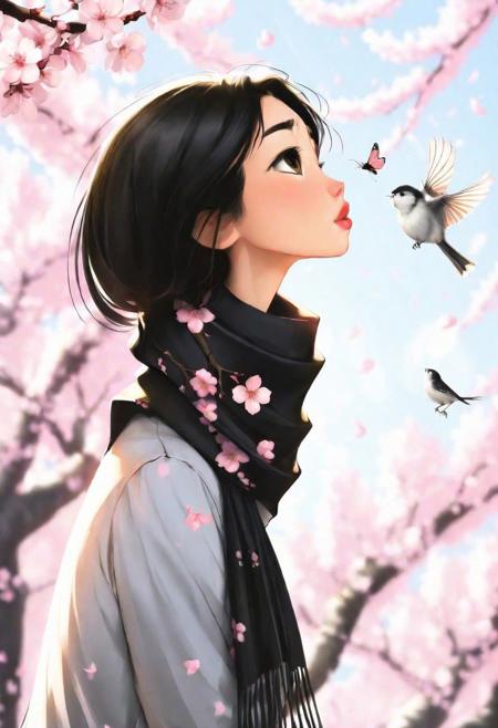 sam yang,
1girl, butterflies, birds, black eyes, black hair, blurry, blurry background, cherry blossoms, lips, long-tailed tit, looking up, medium hair, profile, scarf, solo, tit (bird)
, ((masterpiece))
<lora:sam_yang_offset:1>