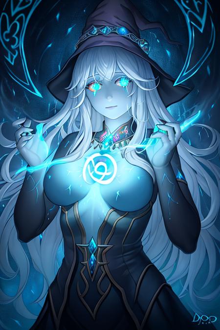 woman, runes, glowing symbols, magic spell, medium breasts, oil painting \(medium\), highly detailed, dmt, witch, geodes, glowing eyes, light flowing in and out of her body, flowing glowing water, metal,