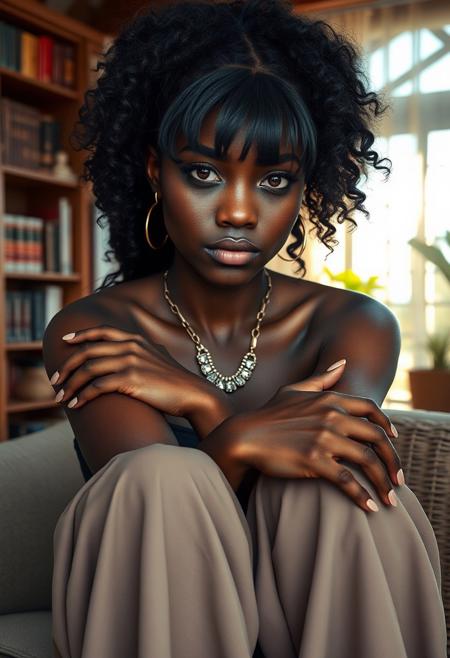 An extreme realism portrait shot of an African American young beauty with ponytail curly hair with bangs cascading over her shoulders. Her bright amber eyes and thick lips are contrasted with her very dark skin, which is depicted with intricate textures and realistic details. highlighting her accurate hand and finger anatomy under dynamic lighting. Intricate detailing on her eyebrows, showing individual hairs. Detailed, natural curvature of the nails and cuticles
She wears Off-the-shoulder top with wide-leg pants, a statement necklace, and heeled sandals
The background is Cozy library with wooden bookshelves filled with books and a reading nook with bright, open sunroom with a glass ceiling, wicker furniture, and potted plants,
Golden hour sunlight streaming in from a side window. Cool, diffused light from frosted glass lamps. Gentle, indirect light reflecting off white walls. Cool, blue light from a nearby aquarium. Soft, ethereal light from a translucent curtain backdrop.
Sitting on a comfy couch with her legs crossed, leaning forward slightly, elbows resting on her knees with seductive smile at viewer, her lips slightly open, and her eyes slightly narrows