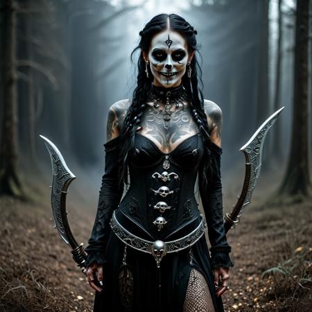 Set in a dark eveil forrest, a Wide angle, full body image of A deliciously evil, breathtaking, terrifying, and powerfully feminine portrayal of a hybrid between a modern witch and a female Grim Reaper, with long, jet-black hair intricately braided down her back, each braid woven with dark, shimmering threads of power. Her skeletal nostrils and nose are adorned with an elaborate nostril chain, nasalang, and nosechain, linking delicate, glinting black metal that highlights her predatory, evil smile. Her face is a canvas of menacing beauty, featuring corpse paint mixed with sugar skull-inspired designs, intricately etched in white and black, casting a haunting contrast against her smooth, pale skin. Her white, pupil-less eyes are unsettling, radiating an unnatural power that captivates and terrifies all who dare meet her gaze. She weilds and evil and wicked looking two handed scythe, engraved with glowing ancient runes of evil power. She is clothed in layers of tattered black garments that seem to have a life of their own—billowing and shifting as though touched by an unseen wind. These fabrics cling to her form in dark, flowing waves, creating an ethereal effect, somewhere between spectral and death-metal warrior. The fabric is adorned with subtle symbols, sigils, and markings of ancient witchcraft, woven into the very threads of her outfit. Her arms, neck, and chest are covered in intricate tattoos—some abstract, others depicting ancient sigils and runes of forbidden power
