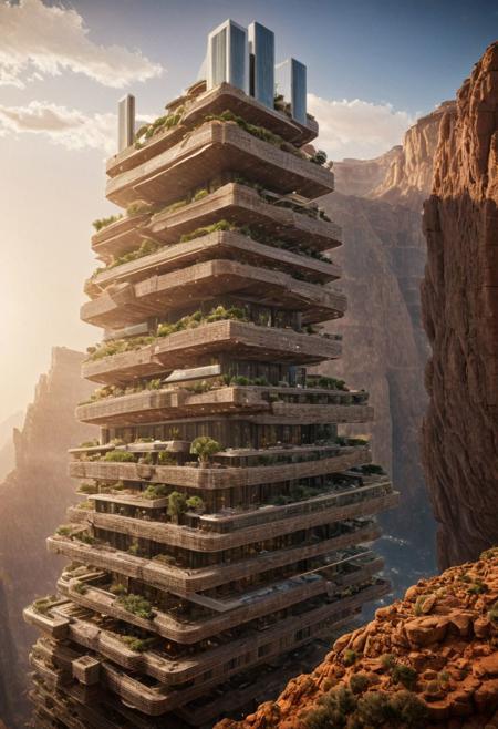 (The colonial city of the future, in the mist-filled Grand Canyon, on an unknown Earth-like planet, 2 moon on sky, Spaceship flight connects colonies:1.3), (Richard Meier:1.2), (Mario Botta:1.3), (avant-garde, future, reality, science fiction, photorealistic), (modern architecture:1.2), 
(Large Files, Ultra Realistic, 8K, 16k, FHD, HD, VFX, Perfect, Photography, composition, Architecture Sales Photography, Architecture Competition, Ultra High Resolution, Cinematography, High Resolution Image:1.1), (dramatic lighting, direct sunlight, ray tracing, clear shadow:1.2),  (real landscape:1.1), (blurred background:1.0), (urban background, more_details) ,
ac_neg1, great lighting, clear, xtower, industrialbuilding, futureskyline, stacked