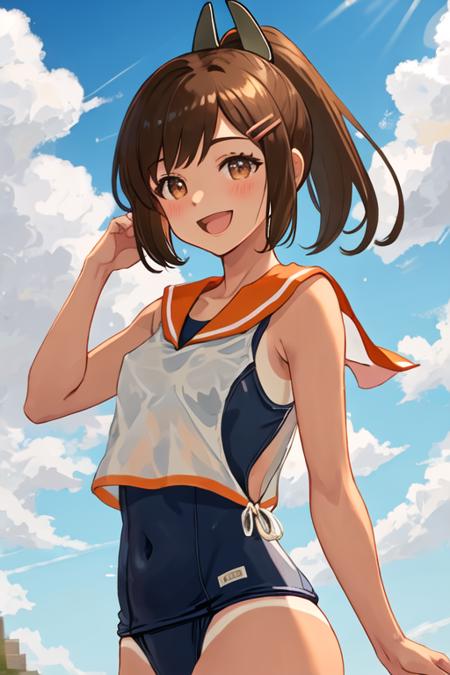 i_401_kantaicollection brown_hair, ponytail, brown_eyes, short_hair, tan, swimsuit, school_swimsuit, blush, short_ponytail, hair_ornament, one-piece_swimsuit, smile, open_mouth