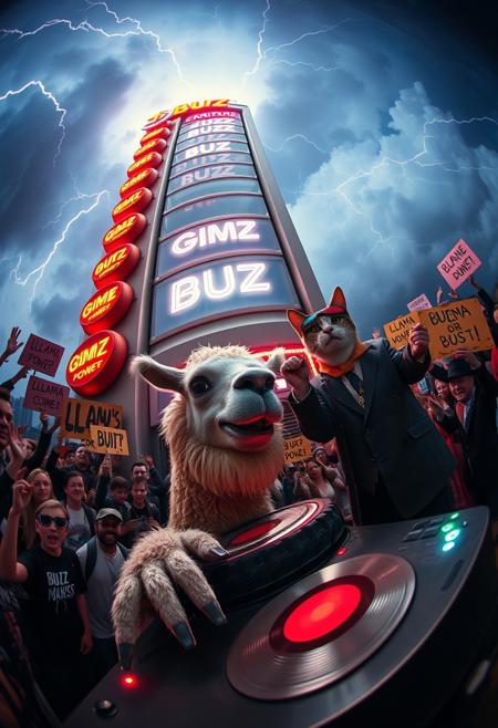 Captured with a cinema-grade 12mm fisheye lens, the surreal scene unfolds around the towering “BUZZ MONOLITH”, curving into the clouds. Its neon buttons—“GIMME,” “BUZZ,” and “OVERLOAD”—bulge outward, glowing intensely as crackling lightning arcs illuminate the moody dusk sky. The lens’s distortion emphasizes the machine’s absurd, larger-than-life scale.
At its base, a llama with sweat-matted fur struggles to push a tractor-tire-sized coin toward the oversized slot. Its determined expression, bulging eyes, and trembling legs are captured in vivid detail. Around it, a chaotic crowd of humans and anthropomorphic animals cheer wildly, their signs—“LLAMA POWER!” and “BUZZ OR BUST!”—warping with the lens’s curvature. Nearby, a penguin DJ spins on a metallic turntable, neon lights reflecting off its glossy surface.
Above, a sly tabby cat in a cyberpunk trench coat and glowing VR goggles scales the monolith, a grappling hook in tow. Its neon-lit goggles glow sharply as it approaches the flickering sign “FEED ME YOUR BUZZ,” warped into an ominous curve by the lens.
The fisheye’s distortion adds drama, exaggerating the scale of the machine and the chaos of the crowd. From the rain-slicked ground to the vibrant neon reflections, every detail pops in this cinematic snapshot of determination and mischief.