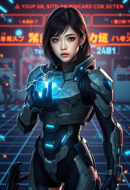 a beautiful Japanese woman, 20 years old, with shoulder-length dark brown hair and sapphire blue eyes, wearing a high-tech mecha suit with digital camouflage patterns and blue neon accents. She is standing in a digital battlefield simulation, with grids, virtual enemies, and digital debris around her. Her stance is ready for action, with a high-tech weapon in hand. FuturEvoLabMecha, ,, her hand crackling with electricity as she gazes directly at the camera. ,gigantic boobs,looking at viewer,from front,