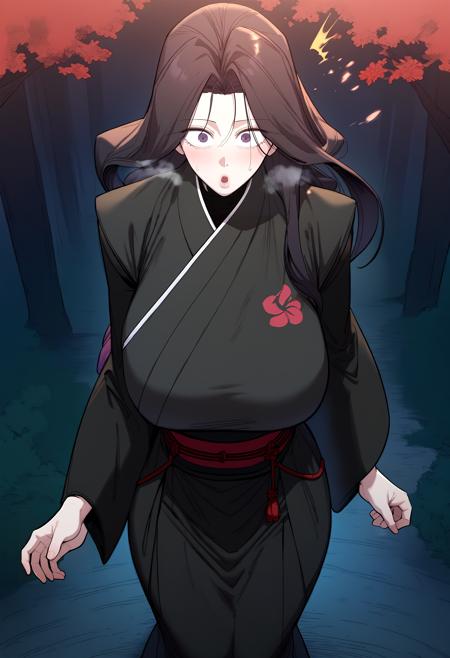 long hair, black hair, purple eyes japanese clothes, white kimono, turtleneck, long sleeves, long skirt japanese clothes, black kimono, turtleneck, long sleeves, long skirt