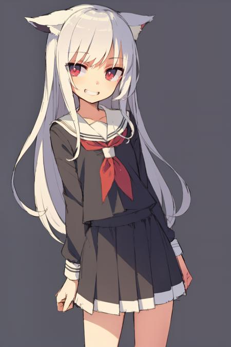 masterpiece, best quality,    <lora:style02:1>,1girl,one-hour drawing challenge,sketch,1girl,animal ears, white hair,long hair,red eyes,grin,pupils,school uniform, flat chest,