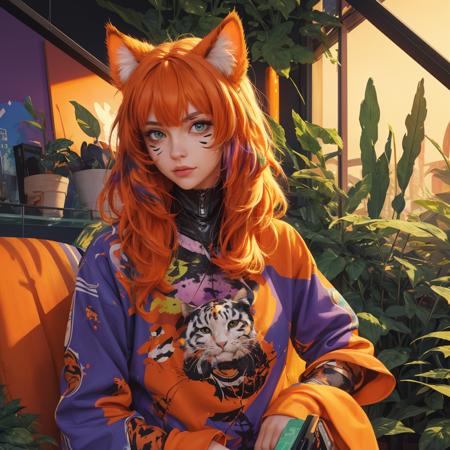 (masterpiece:1.1),(highest quality:1.1),(HDR:1),extreme quality,cg,(negative space),detailed face+eyes,1girl,orange hair,purple eyes,cat ears,facial marks, whisker markings,animal ear fluff,orange cat tail,(plants:1.18),(fractal art),(bright colors),splashes of color background,colors mashing,paint splatter,complimentary colors,neon,(thunder tiger),compassionate,electric,limited palette,synthwave,fine art,tan skin,upper body,(green and orange:1.2),time stop,