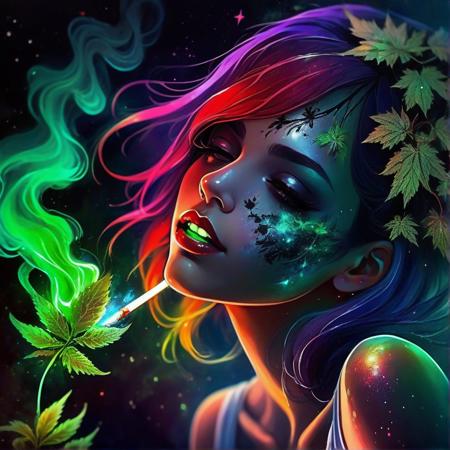 sexy girl, red lipstick, black bra, rainbow glowing hair, anime girl with moss And mold around her, detailed portrait, close up, space background behind her, dripping liquid metal leaf's around her, roses flourishing around her, close up of face, marijuana smoke around her