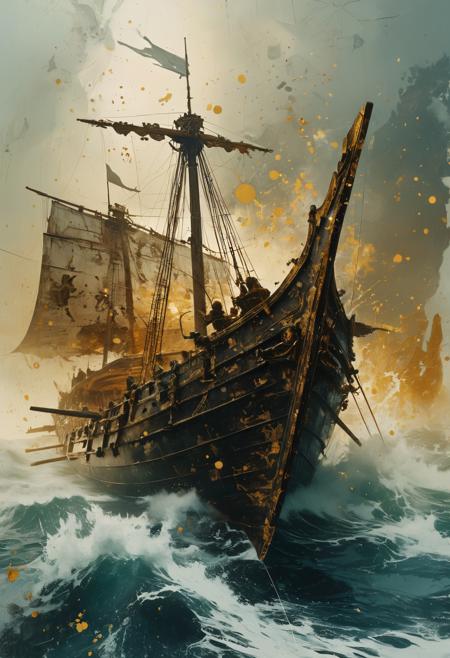 A stunning portrait of an ancient greek trireme in high seas, detailed, high resolution, eerie, atmospheric, foreboding (in the style of Luis Royo painting) Dean Cornwell, design, 1970s, Russian Constructivist style, double exposure, volumetric lighting, expressive, Antikythera mechanism, ink spattered background, warm colors, space, art deco, splatter, Japanese Woodblock print, planar rectilinear shapes, extreme energy, dynamic posing, Dutch angle, white, golden, ethereal