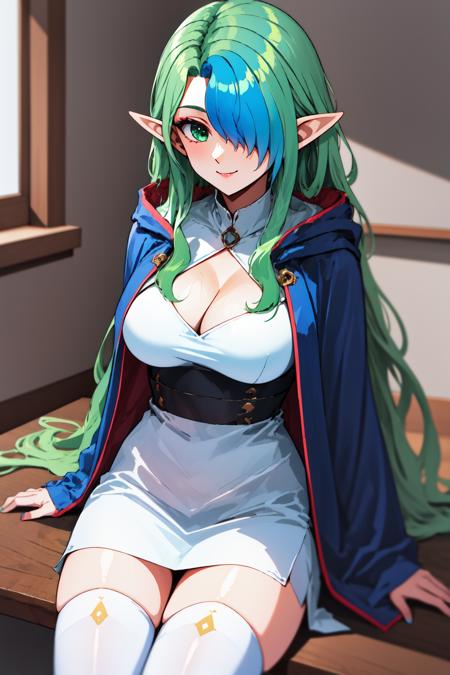 1girl, indoors, cowboy shot, smile, sitting, cloak,
misery, green eyes, hair over one eye, elf, very long hair, (green hair:1.2), (blue hair:1.2), multicolored hair, two-tone hair, makeup, breasts, cleavage, white dress, thighhighs, <lora:Misery_lora_ver1:0.8>, best quality, masterpiece, highres, <lora:GoodHands-vanilla:1>