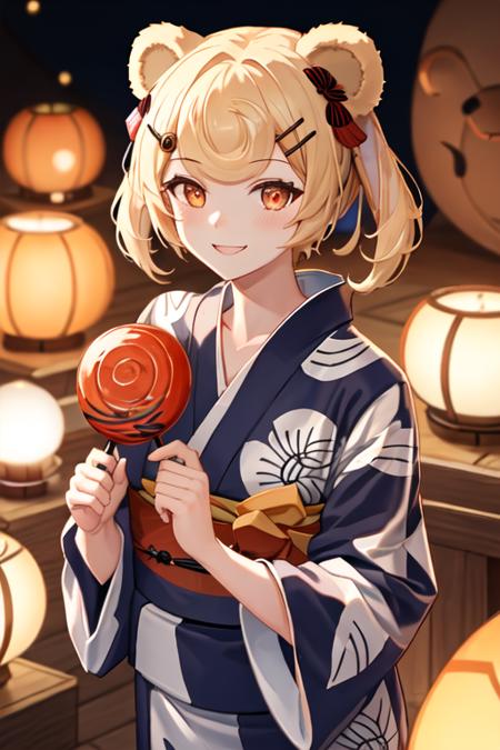 best quality, masterpiece, highres, solo, {yukata:1.40}, {kimono:1.20}, {gum_arknights:1.15}, animal_ears, blonde_hair, bear_ears, short_hair, hair_ornament, candy_hair_ornament, hairclip, food-themed_hair_ornament, bangs, smile, orange_eyes, upper_body, red_eyes