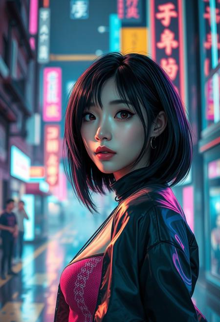 A portrait of a cyberpunk asian girl character in a neon-lit urban environment . The scene is detailed and realistic, emphasizing the futuristic, cyberpunk  aesthetic. The setting is immersive, with intricate details like holographic displays