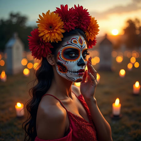 Create a mesmerizing, photorealistic  wide angle, full body image of a stunningly beautiful, athletically built,  powerful dances body, graceful, lithe, and nubile Latina woman adorned in intricate sugar skull makeup, vibrant colors reflecting the spirit of Día de los Muertos. Her expressive eyes sparkle beneath a crown of marigold and crimson flowers, contrasting beautifully against the vivid patterns painted on her face. The background is a softly blurred cemetery at sunset, casting warm golden hues that gently illuminate her features. A thick, aromatic mist lingers in the air, enhancing the magical atmosphere. Her posture is both proud and graceful, with one hand elegantly raised to touch her face, inviting the viewer into her world. Surround the scene with delicate candlelight flickering in the twilight, glowing softly against the deepening blue of the dusk sky.