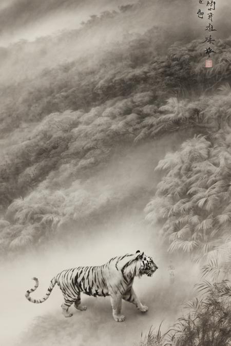 monochrome, traditional media, langjingshan, tiger , forest ,wind,   <lora:langjingshan-000005:0.9>