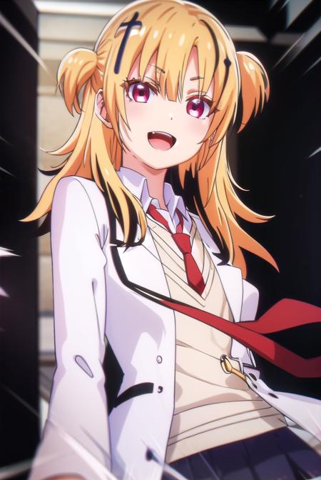 somalilonghaired, <lora:somali longhaired s1-lora-nochekaiser:1>,
somali longhaired, long hair, blonde hair, hair ornament, (red eyes:1.3), two side up, cross hair ornament, smile, open mouth,
BREAK skirt, shirt, thighhighs, jewelry, school uniform, jacket, pleated skirt, earrings, necktie, striped, pants, black skirt, blazer, red necktie, (white jacket:1.5),
BREAK indoors, classroom,
BREAK looking at viewer, (cowboy shot:1.5),
BREAK <lyco:GoodHands-beta2:1>, (masterpiece:1.2), best quality, high resolution, unity 8k wallpaper, (illustration:0.8), (beautiful detailed eyes:1.6), extremely detailed face, perfect lighting, extremely detailed CG, (perfect hands, perfect anatomy),