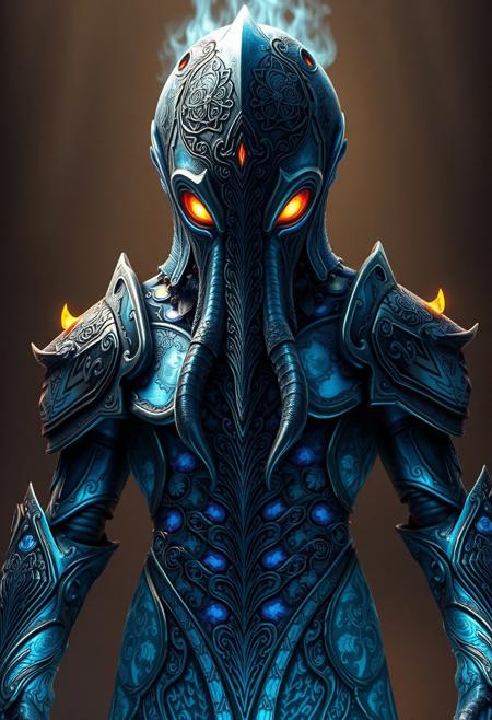 A majestic, planet destroying squid stands proudly, its entire body encased in a magnificent, magic blue flaming armor set. The armor seems to be forged from the very essence of the ocean itself, its plates and scales shimmering with a deep, iridescent blue light. The squid's eyes burn with an intensity that seems to pierce the very soul, its gaze fixed on some unseen horizon. The armor's surface is etched with intricate, mystical runes that seem to pulse with a power that is both ancient and eternal. Every detail of the squid's anatomy is meticulously rendered, from the delicate, feathery tendrils of its mantle to the razor-sharp, serrated edges of its beak. The armor's helmet-like structure frames the squid's face, its visor glowing with a soft, blue light that seems to amplify the intensity of its gaze. The overall effect is one of breathtaking, awe-inspiring majesty, as if the very fabric of reality is about to be transformed by this aquatic avatar of power. highest-Quality, intricate details, visually stunning, Masterpiece