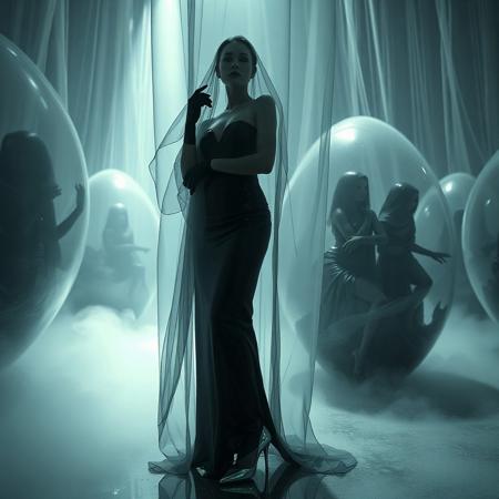 noble norvegian femme fatal lady  posing standing wearing evening GLOSSY THIN black slime live tentacles gown, GLOVES  and high heels,   entrapped in  giant long waving  ultrathin transparent   veils, surrounded by  weird fog from the floor, captured in light beam from celling,  giant slime covered transparent eggs  with encased ladies at background, breeding chamber,  ultrathin waisT, HORROR,  reminiscent of H.R. Giger, Zdzisław Beksinski, and Ash Thorp's dark, sleek styles, with close-up glamour photography, glossy satin and silver heels glistening, fleshy slime dripping, and dark shadows.