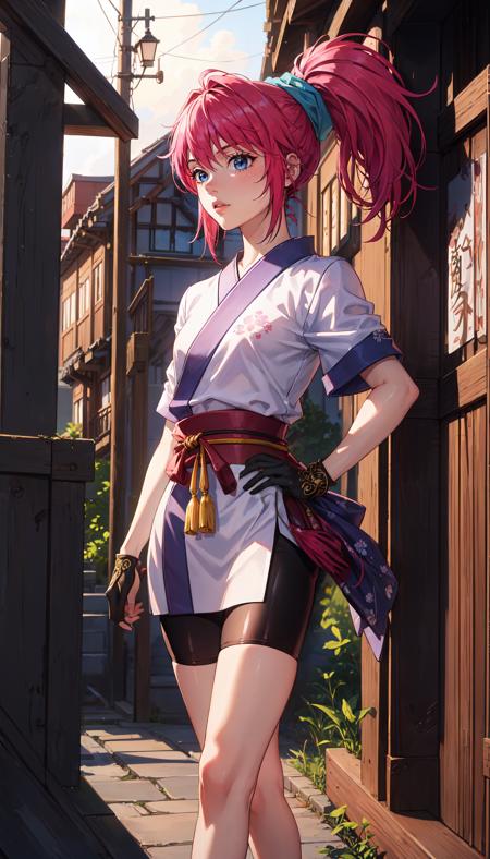 pink hair ponytail blue hairband bangs blue eyes japanese clothes short kimono fingerless gloves black bike shorts