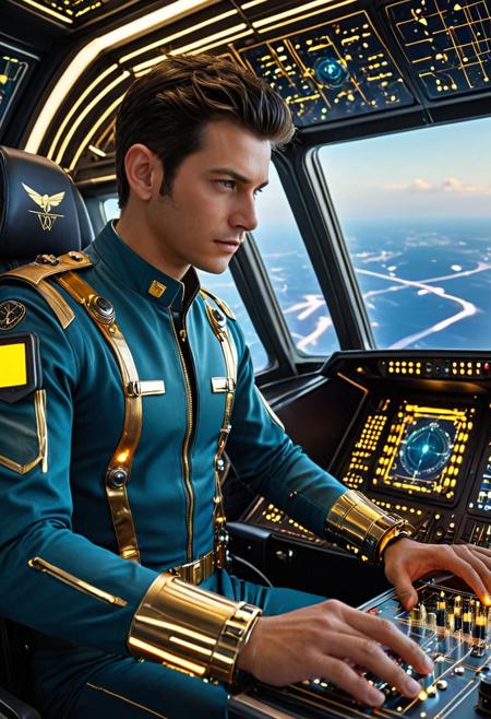 score_9, score_8_up, score_7_up,Transistors,
masterpiece, best quality, Ultra-HD, 8K cinematic, medium shot, a **youthful adult male pilot (refined features, insightful gaze)**, wearing a **complete outfit design with layered clothing, no nudity/no exposure, covered body**, his sleek flight uniform woven from **translucent optical fibers with intricate golden light pathways actively rippling across its surface, silver data sigils dynamically appearing and disappearing on his cuffs**. His hand is pressed firmly onto a **massive curved transparent crystal control panel, displaying a vibrant golden glowing circuit pattern that pulses and expands as he inputs commands, a real-time luminous roadmap of his flight path emerging across the panel**, in a cutting-edge futuristic cockpit, sharp focus on the pilot and the intensely interactive panel, very aesthetic, new aesthetic, tech-infused mystical, ultra-enhanced, captivating visuals, emotionally resonant, memorable impact.