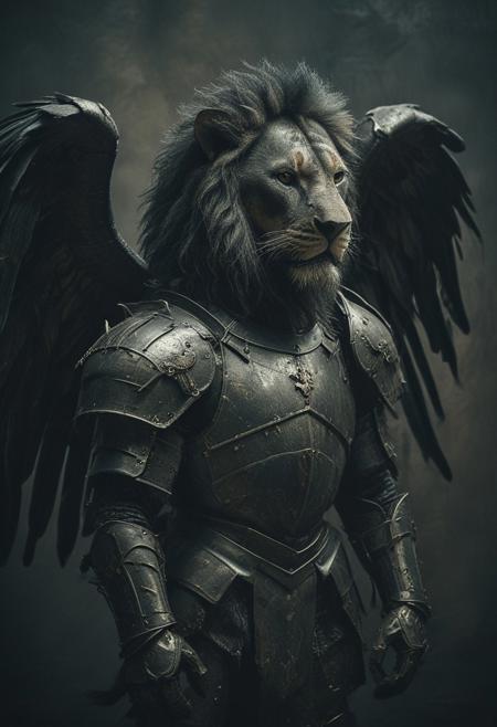 a wild black lion in iron armour, large black wings, studio background, high-contrast palette, subtle grain, cinematic quality, modern art photograph, looking at viewer