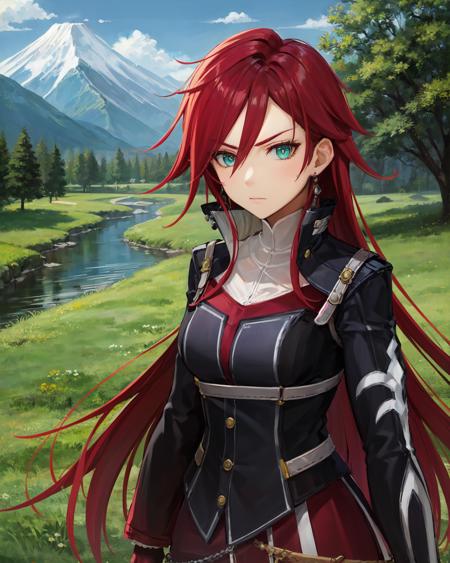 best quality, (masterpiece:1.2), illustration, absurdres,
(1girl), (solo), (beautiful detailed girl),  (upper body, portrait),
<lora:CelisV2-08:1>, Celis Ortesia, red hair, long hair, messy hair, aqua eyes, medium breasts, earrings,  jewelry,
armored dress, (long dress, long skirt:1.1), gown, black pantyhose, black boots, knee boots, laced footwear, red gloves, fingerless gloves,
proud, confident, (angry:0.8), looking at viewer,
grassy mountains, trees, japanese architecture, river, plants,