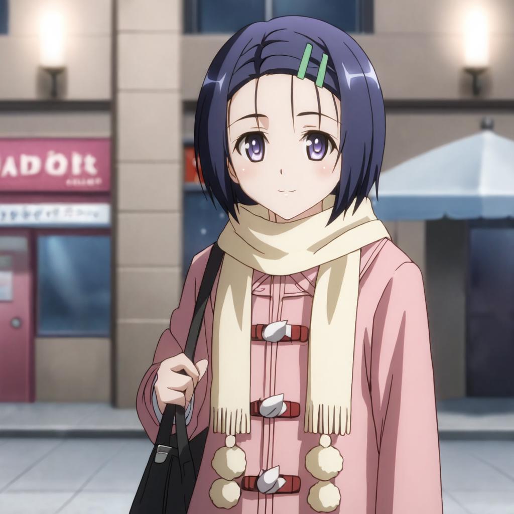 <lora:harunatoloveru_pony_v1:.75>HarunaWinterCoat, 1girl, short hair, blue hair, scarf, hair ornament, coat, purple eyes, hairclip, cowboy shot