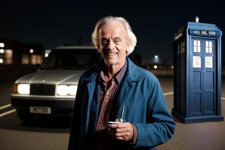 photo-realistic picture of Christopher Lloyd (emmett brown) as Doctor Who, smiling, wearing typical Doctor Who cloths, set in London city at evening with the tardis nearby, holding the sonic, light from car headlights and display windows, epic wide shot, low angle.