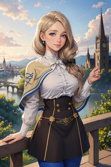 masterpiece, best quality, defMercedes, capelet, hair bow, white shirt, black skirt, blue leggings, upper body, standing, large breasts, cathedral, sky, cloud, outdoors, smile, serene, hands to heart <lora:mercedes-nvwls-v2-000012:0.8>