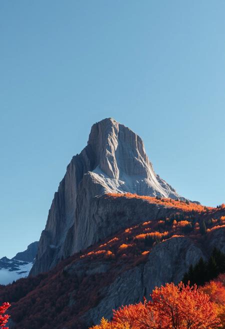 Award-winning photography, towering mountain peak, autumn scenery with vibrant fall colors, clear sky with no clouds, crisp atmosphere, golden and red leaves, sharp mountain textures, dramatic sunlight, wide-angle shot, professional composition, serene and peaceful.