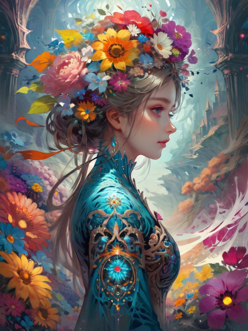 A beautifully illustrated woman with a flower crown and blue dress, surrounded by colorful flowers.