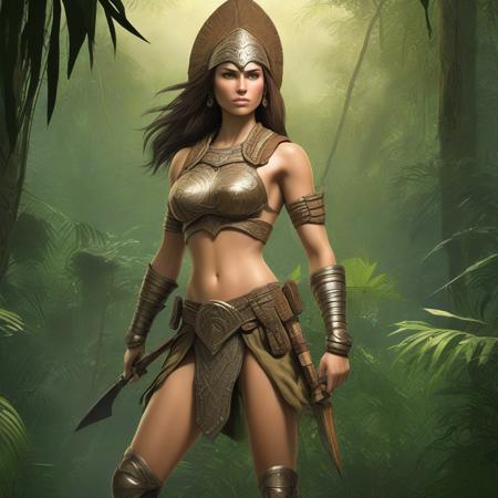 Female warrior <lora:3d_v0.0.2:1>, jungle, detailed background, masterpiece, best quality, high quality, absurdres