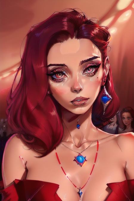 lora_sarafyan_girl, <lora:lora_sarafyan_girl_01t:1>, a woman with a scarlet dress and a necklace, red eyeshadows, with symmetrical facial features, medium closeup,