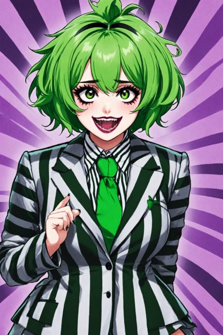 Beetlejuice Slime Tutorial,  1girl,  black eyes,  green hair,  female focus,  large breasts,  formal,  suit,  striped suit,  open mouth,  solo,  teeth, <lora:EMS-61574-EMS:0.400000>