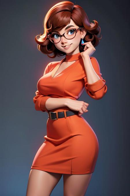 velma dinkley, female,  1girl, solo, looking at camera, smiling, sultry expression, full body shot,