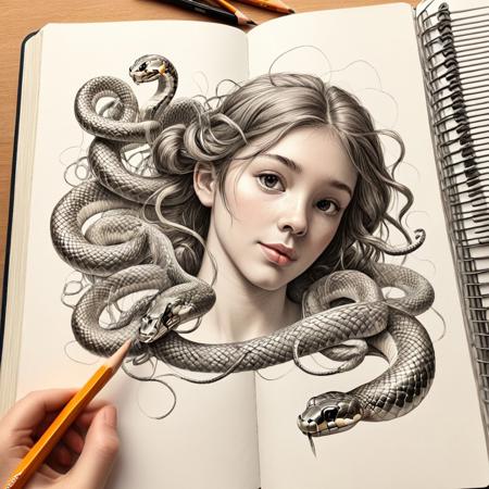 score_9, score_8_up, score_7_up, high quality, best quality, highly detailed, SN4KE A young artist sketching self-portraits in a sketchbook, with snakes for hair playfully curling around their pencil, warm afternoon light, soft realism., Stable Yogis PDXL Positives,emb, <lora:CivitAI\sn4ke:1.0>