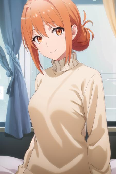 yuigahamama, <lora:mother yuigahama s2s3-lora-nochekaiser:1>,
mother yuigahama, hair bun, mature female, (orange eyes:1.5), orange hair, short hair, single hair bun, hair between eyes, sidelocks, smile,
BREAK denim, jeans, pants, sweater, turtleneck, turtleneck sweater, white sweater,
BREAK indoors, bed,
BREAK looking at viewer, (cowboy shot:1.5),
BREAK <lyco:GoodHands-beta2:1>, (masterpiece:1.2), best quality, high resolution, unity 8k wallpaper, (illustration:0.8), (beautiful detailed eyes:1.6), extremely detailed face, perfect lighting, extremely detailed CG, (perfect hands, perfect anatomy),