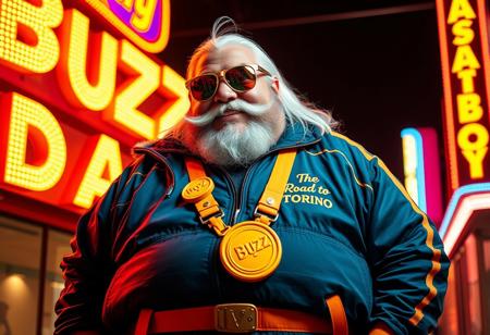 Buzz Daddy is a larger-than-life character, exuding charisma with a signature grin reminiscent of Riccardo Villalobos. His playful, lighthearted aura contrasts with his bulky, chubby physique. He’s decked out in a corporate tracksuit with vibrant psychedelic details, featuring a standout orange piece that reads “The Road to Torino.” His look is completed by a massive yogurt buckle shaped like a buzz coin, long, straight white hair, and a rugged Harley biker-style mustache and beard that add a tough, custom flair. His Ray-Ban Wayfarer goggles reflect the electric glow of digital yellow signs, while he mischievously tosses stacks of Buzz coins around.
Buzz Daddy’s personality is zany, artistic, and captivating—his presence radiates the vibe of a meme king who thrives on humor and unpredictability. In the scene, “Buzz Daddy” is showcased in luminous, cinematic letters, whether displayed on a neon-lit billboard, a glowing mural, or boldly printed across his ultra-realistic jacket. The composition merges digital and artistic styles, creating a playful yet composed visual experience. The atmosphere is surreal and meme-driven, highlighting Buzz Daddy’s larger-than-life persona with influences from aidmafluxpro1.1, aidmaMJ6.1, and aidmahyperrealism, ensuring an unforgettable visual impact.