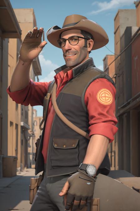 masterpiece, solo, half-length portrait, upper body, tf2sniper, redteam, glasses, facial hair, cowboy hat, single glove, red shirt, grey pants, detailed background, outdoors, smiling, waving, looking at viewer,  <lora:sniperlorav2:0.8>