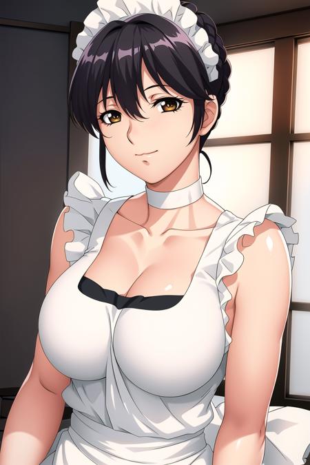 Simple White Background,
maid, maid apron, maid headdress,collarbone, cleavage, White collar, 
<lora:Akie_Yukimura_MaidAne-KK77-V1:0.7>,
Black_hair,brown eyes, Hair_bun,Bangs,
<lora:Oda_Non_Style-KK77-V2:0.3>,<lora:more_details:0.1>,
1 girl, 20yo,Young female,Beautiful Finger,Beautiful long legs,Beautiful body,
Beautiful Nose,Beautiful character design, perfect eyes, perfect face,expressive eyes,perfect balance,
looking at viewer,(Focus on her face),closed mouth, (innocent_big_eyes:1.0),(Light_Smile:0.3),
official art,extremely detailed CG unity 8k wallpaper, perfect lighting,Colorful, Bright_Front_face_Lighting,White skin,
(masterpiece:1.0),(best_quality:1.0), ultra high res,4K,ultra-detailed,
photography, 8K, HDR, highres, absurdres:1.2, Kodak portra 400, film grain, blurry background, bokeh:1.2, lens flare, (vibrant_color:1.2),professional photograph,
(Beautiful,large_Breasts:1.4), (beautiful_face:1.5),(narrow_waist),