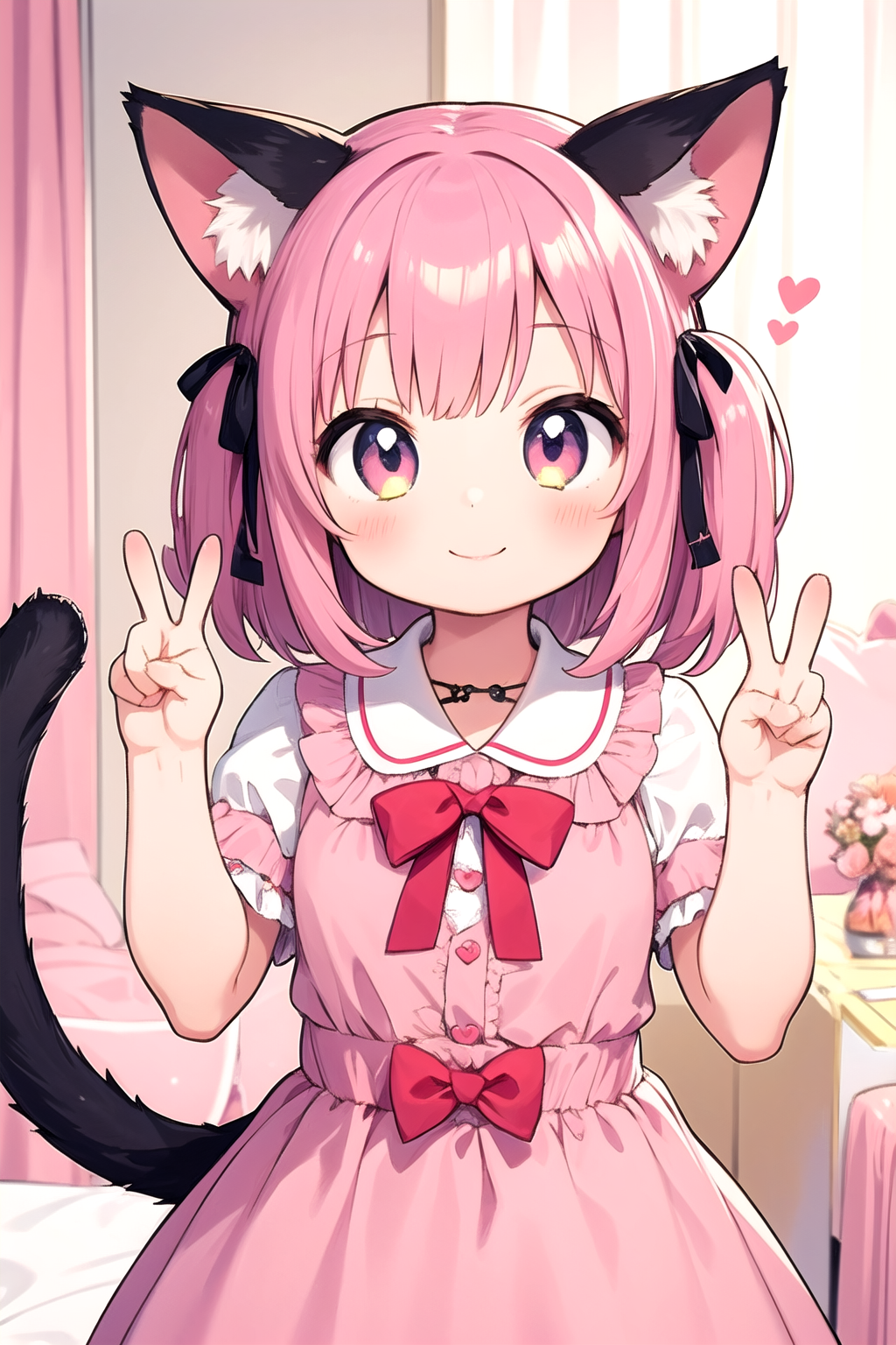 1girl,cat girl,animal ears,tail,looking at viewer,smile,peace sign,pink kawaii room,heart item,ribbon,standing,upper body,