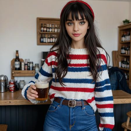 A cinematic full-length image of Charlotte shot from mid height,
(((Holding a beer, casual and relaxed ))), 
<lora:Charlotte_XL:1.0> , slim face, perfect face, very slim face, perfect hands, long hair, black_hair, bangs, red eyes, brunette female, ((sexy)), 8k, professional, award winning photography, twitchstreamer, aesthetic photo, white skin woman, showing her body, slim face, ((full-length)), showing her whole body, perfect face, ((extremely detailed face)), the most beautiful face, 
 slim face,during a Windy Day in the winter, 
(wearing (Striped_sweater:1.5),(Jeans:1.4),(Sneakers:1.3) ), 
<lora:add-detail-xl:1.6>, <lora:RMSDXL_Enhance:1.2>, <lora:MJ52:0.4>
