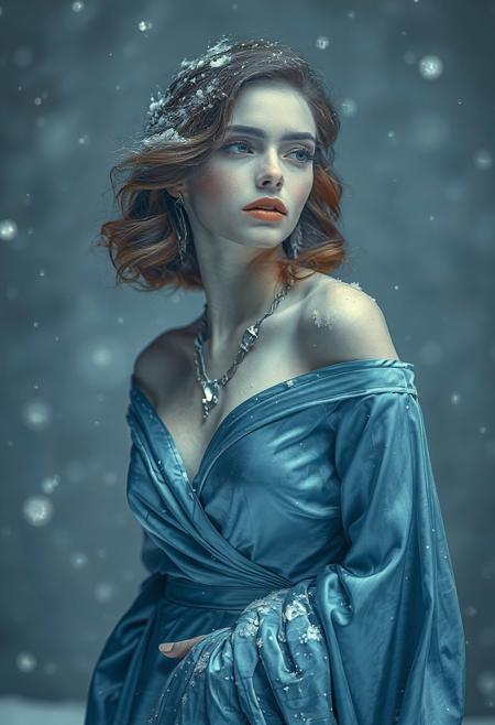 Winter Frost Elegance , icy blue silk gown, soft frost-covered textures, snowflakes gently falling, pale porcelain skin, shimmering frozen reflections, delicate crystalline jewelry, cold ethereal beauty
ethereal portrait, young woman, porcelain-like skin, hauntingly elegant, soft muted pastels, dreamlike atmosphere, delicate facial features, surreal presence, distant expressive gaze, Art Deco fashion, flowing silk gown, intricate fabric details, diffused soft light, minimalist abstract background, nostalgic sophistication