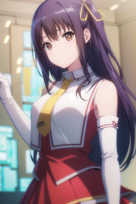 aika hayase, long hair, (brown eyes:1.5), blue hair, hair ribbon, two-side up, skirt, gloves, bare shoulders, shool uniform, detached sleeves, necktie, elbow gloves,