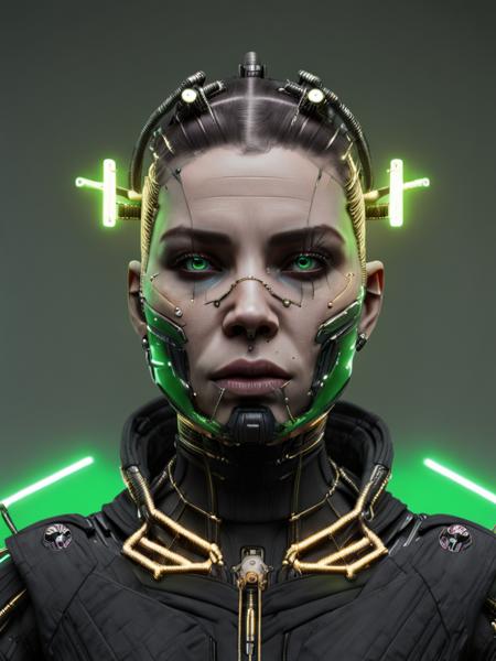 1girl, solo, looking_at_viewer, simple_background, green_eyes, makeup, portrait, science_fiction, realistic, android, cable, cyborg, cyberpunk , <lora:Digital_Madness:0.75>