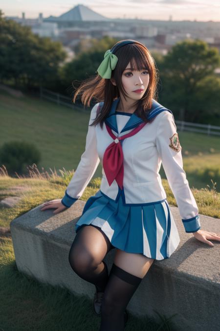 ultra-detailed,highly detailed,best quality,masterpiece,illustration,realistic,
nakamura yuri,1girl, cosplay, solo, green eyes,
shinda sekai sensen uniform, hairband, hair bow, serafuku, sailor collar, long sleeves, neckerchief,pleated skirt,  kneehighs, loafers, 
male focus, 
long hair, bangs, 
looking at viewer,   dynamic pose, 
outdoors,grass, rock, dawn, photo background, sky,nature, mountaintop, sunrise, skyline,cloud,
<lora:nakamura yuri_t1_03:0.7>