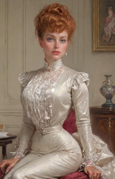 1boy, 1girl, masterpiece, 4k, uhd, dynamic action, (Women are tall with good posture. Women have an arched back and small ass,  women are haughty, women are elegant, women are superior, women are beautiful with high and prominent cheekbones, women have beautiful natural warm skin tones and long and luxuriant (blonde:auburn:0.3) hair, Women are slim with massive breasts. Women wear fitted Edwardian jacket  dresses and narrow skirts. Women are hale and hearty and mirthful.   Women have full lips and a slight sneer,:0.9) Men are tiny and short, men are sniveling and nervous, men have short hair and timid expressions. The scene is moody, (the dominant color being the bright red color of the woman's lips:0.7). an oil painting by Charles Dana Gibson. (An elegantly dressed, very tall and haughty mature Gibson Girl in a palatial room:1.3) <lora:hand 4:1>hand  <lora:Gibson_XL:0.4> by g1bs0n <lora:Belle_Epoque_Dresses_1880-1914_XL:0.5> frilly silk and rich brocade 1900_dr3ss <lora:officialpit_style_xl_ilff:0.7> big breasts, dark-skinned male, interracial, bubble butt, female focus